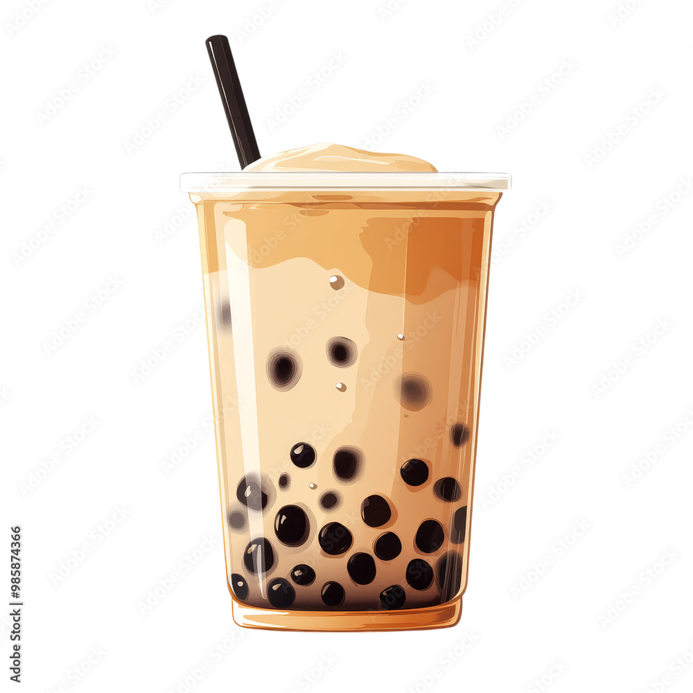 A frothy milk tea with boba pearls, colorful flat design, creamy beige and black, isolated on white background. A frothy milk tea with boba pearls, colorful flat design, creamy beige and black, isolated on white background.