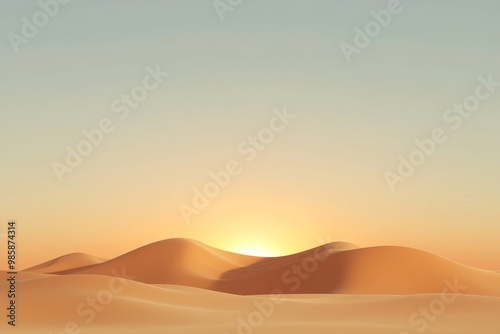 A breathtaking landscape of desert dunes bathed in the golden light of sunset. The smooth curves of the sand create a sense of peace and tranquility, while the distant horizon evokes feelings of vast