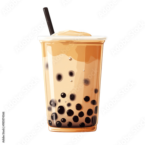 A frothy milk tea with boba pearls, colorful flat design, creamy beige and black, isolated on white background.  photo