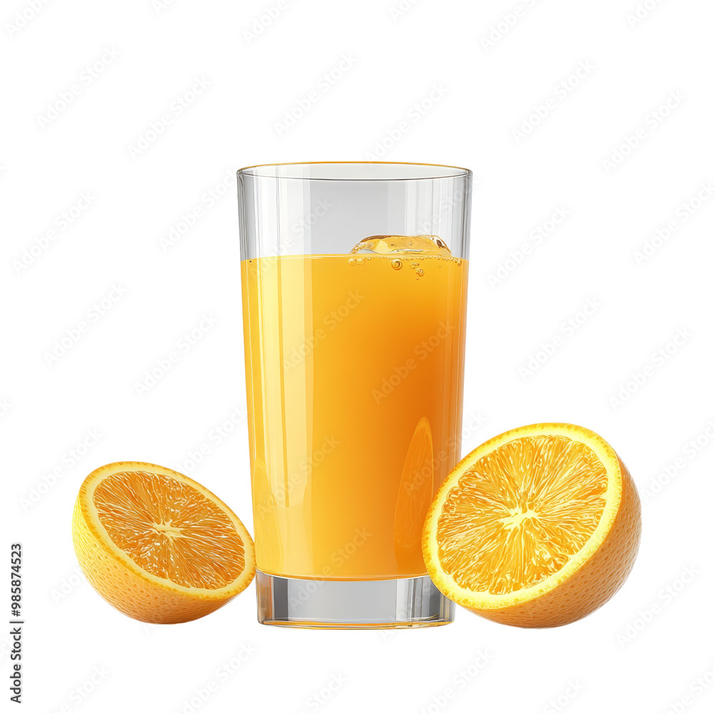 A glass of freshly squeezed orange juice, with pulp, hyper-realistic detail, vibrant orange color, isolated on white background. 