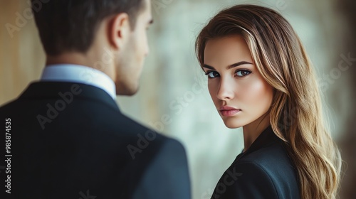 A young couple's dramatic pose tells a story: the attractive female is staring at the handsome male CEO, but she looks away, as if she's hiding something.