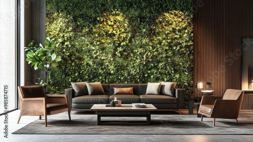 Urban living room interior featuring a sleek green wall, modern furniture, and a blend of natural textures