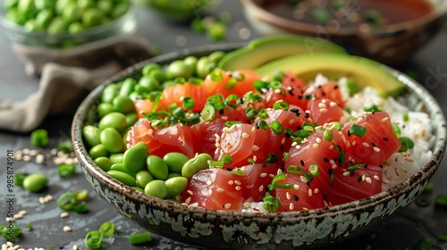 Vibrant poke bowl with marinated tuna avocado edamame and rice topped with sesame seeds and soy sauce