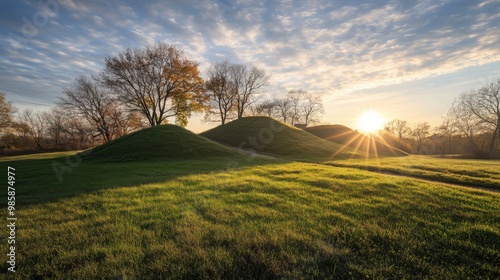 Sunrise Serenity over Cahokia Mounds State Historic Site Captured with Nikon D850. A National Geographic Style Exploration of Ancient Landscapes. photo