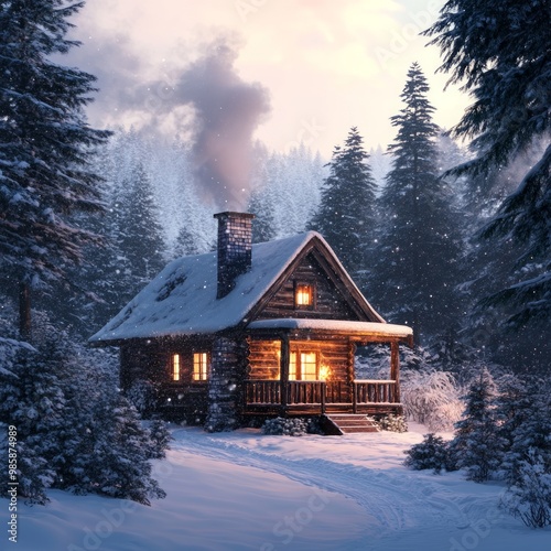 Winter Cabin: Cozy cabin in a snowy forest with smoke coming from the chimney