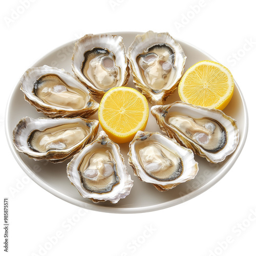 A plate of fresh oysters with lemon wedges, photorealistic, soft grey and yellow tones, isolated on white background. 
