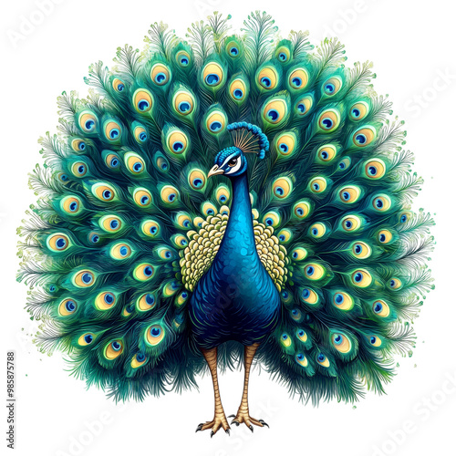 A proud peacock, with its tail fully fanned, illustration, metallic greens and blues, isolated on white background.  photo