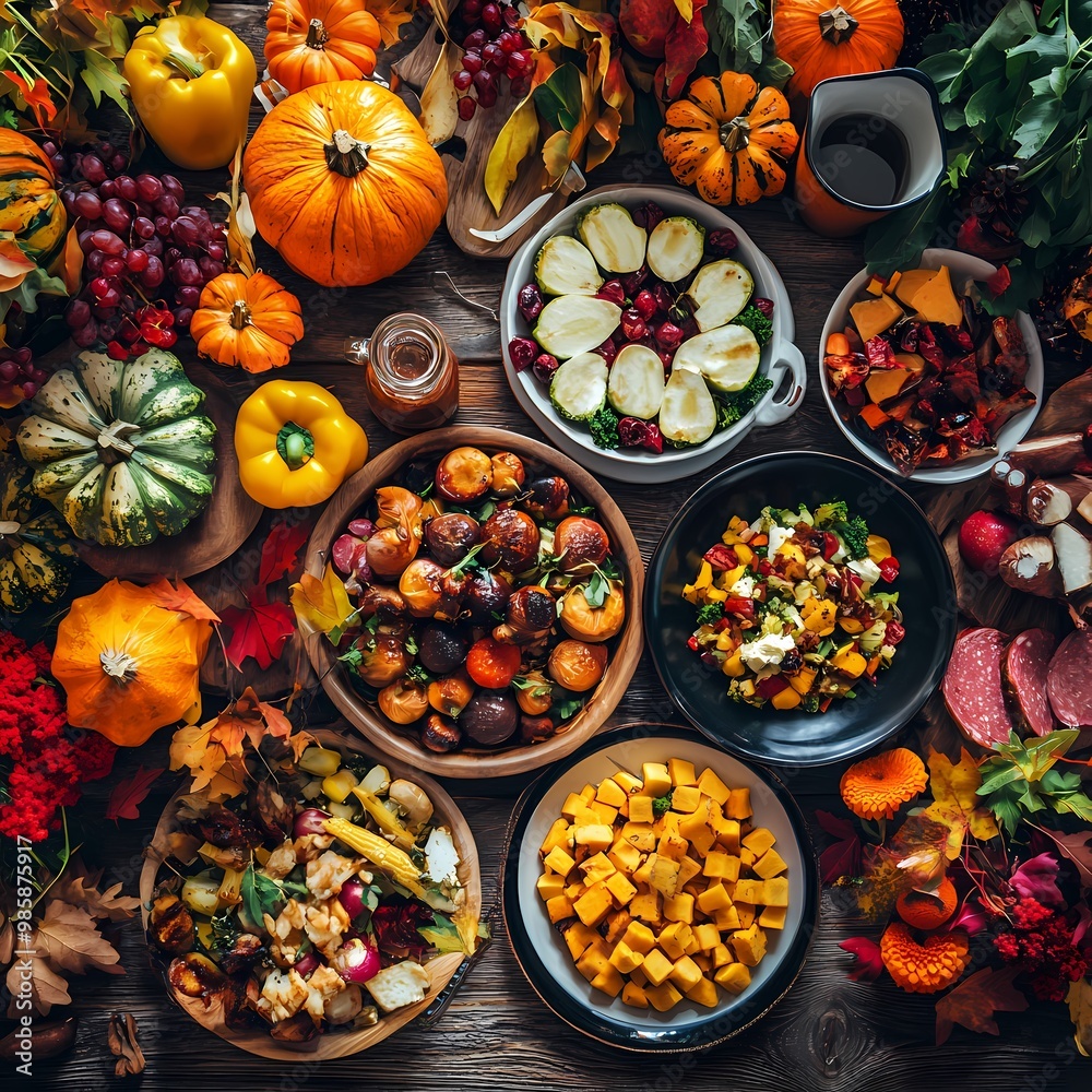 Festive Thanksgiving Dinner Table Spread with Traditional Dishes and Autumn Decor - Ideal for Restaurant Promotions and Event Flyers Festive Thanksgiving Dinner Table Spread with Traditional Dishes and Autumn Decor - Ideal for Restaurant Promotions and Event Flyers