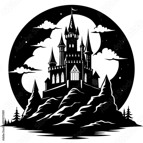 Cursed castle silhouette vector illustration on white background