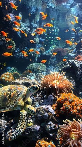 Fototapeta Naklejka Na Ścianę i Meble -  Vibrant underwater coral reef with brightly colored fish swaying sea anemones and a sea turtle gliding through the water