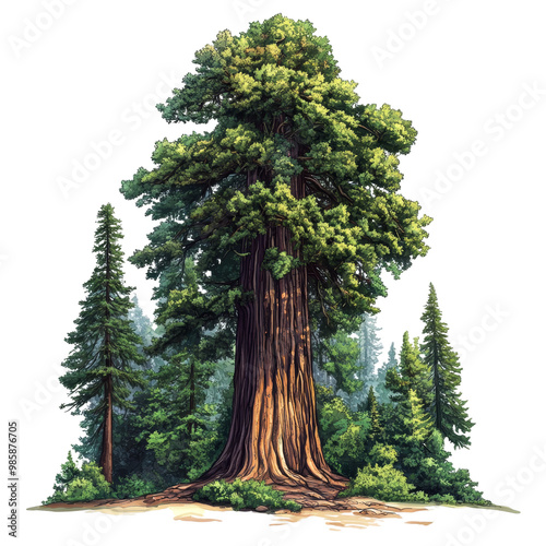 A towering redwood tree in a dense forest, vector design, rich green and brown, isolated on white background.  photo