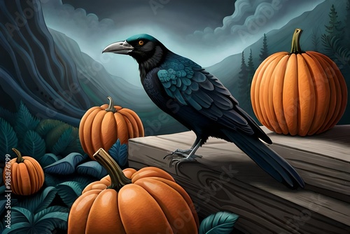 illustration with raven and pumpkins on a halloween theme. Autumn scene with field pumpkins in grass on sky