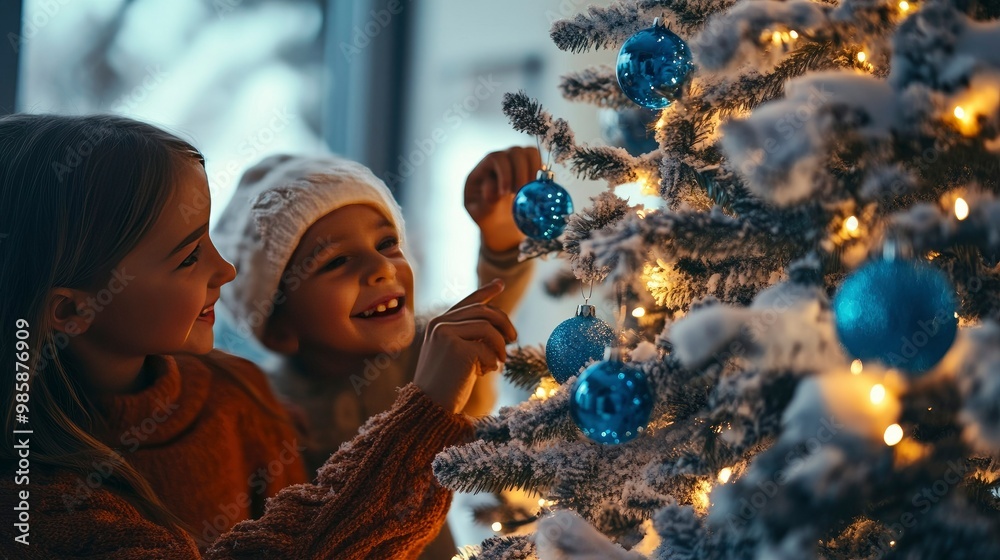 Family decorating a snowy tree with bright blue ornaments, lights twinkling in the background. Family decorating a snowy tree with bright blue ornaments, lights twinkling in the background.