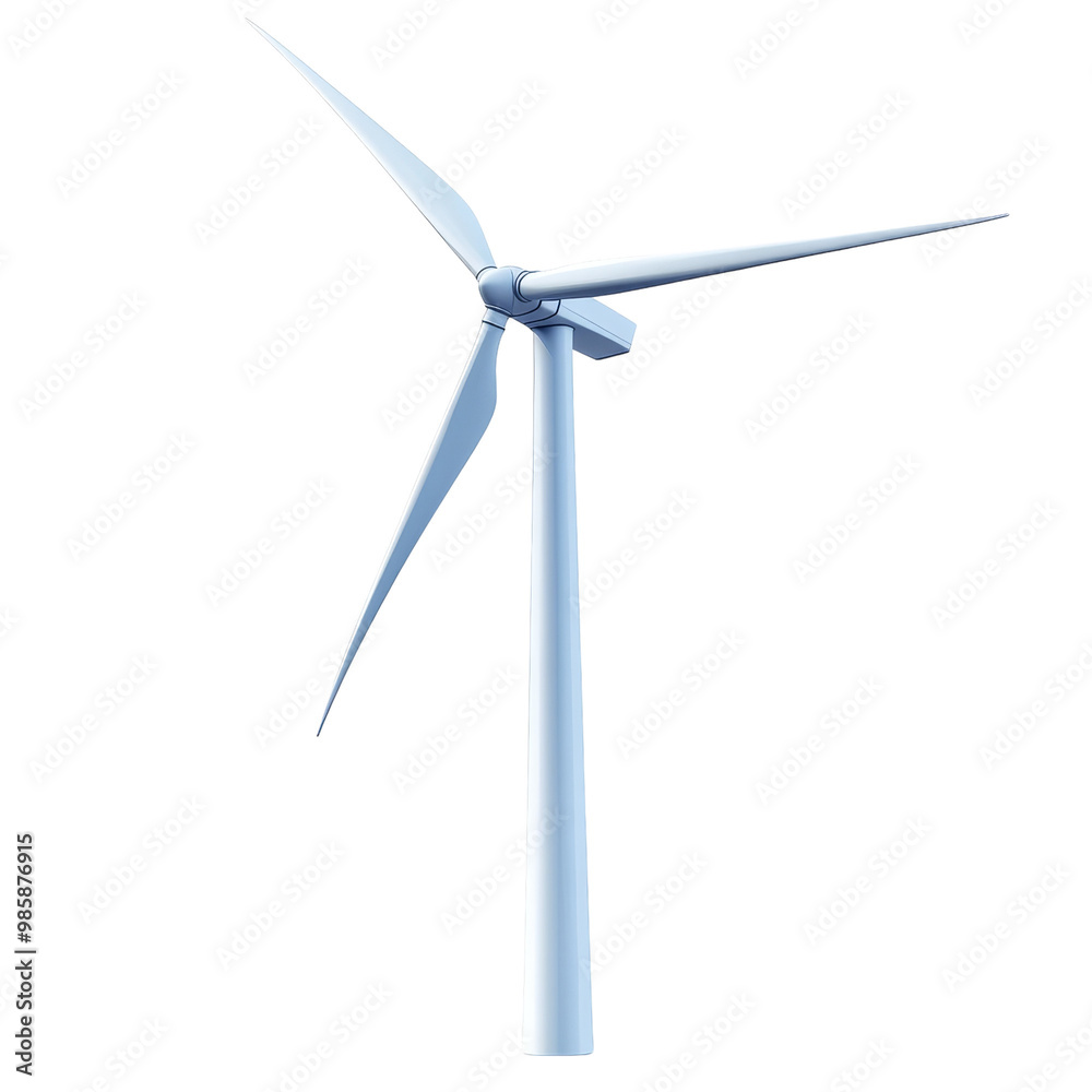 A wind turbine spinning in the wind,  crisp white and blue, isolated on white background. 