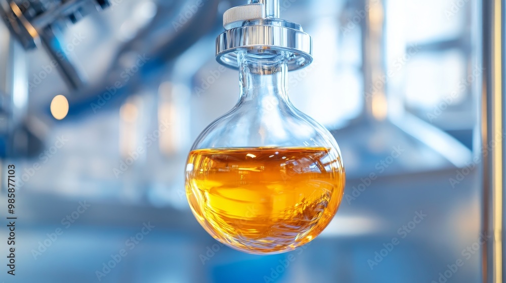 A close-up of a flask containing golden liquid in a modern, industrial setting. This represents the meticulous process of creating alcoholic beverages, highlighting the importance of precise measureme A close-up of a flask containing golden liquid in a modern, industrial setting. This represents the meticulous process of creating alcoholic beverages, highlighting the importance of precise measureme