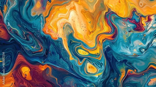 Arte fluida astratta, onde colorate vorticose, tavolozza di colori vibranti con blu, gialli, arance e rossi, transizioni di miscelazione regolare, forme fluide organiche, composizione panoramica