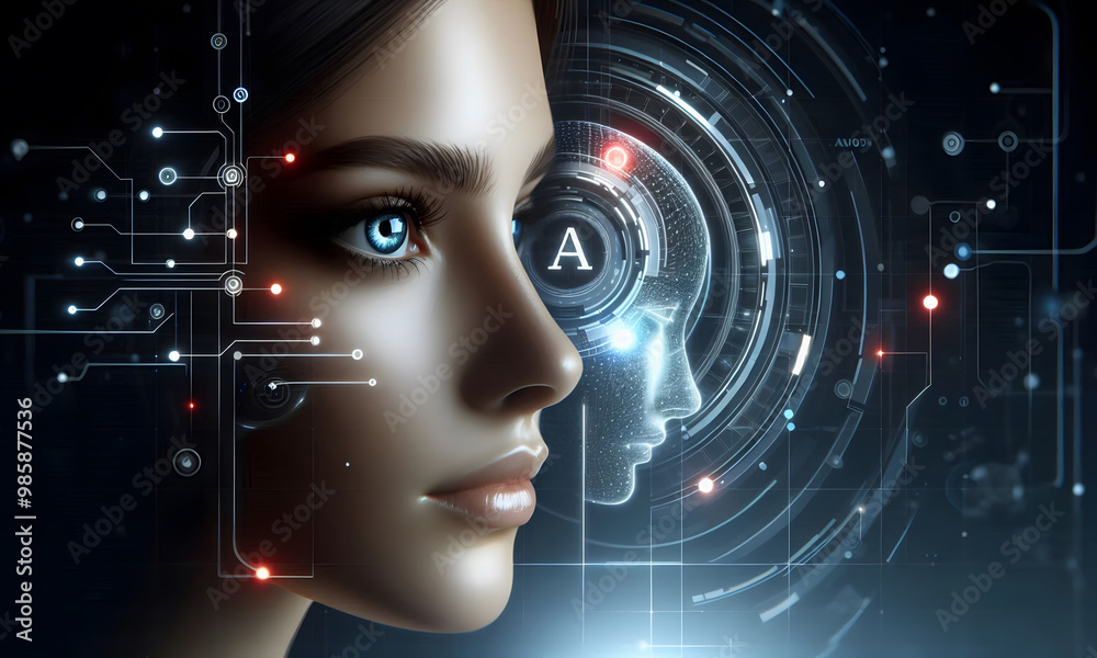 Nahaufnahme eines weiblichen Gesichts mit leuchtendem digitalen Code als Hintergrund Nahaufnahme eines weiblichen Gesichts mit leuchtendem digitalen Code als Hintergrund