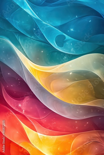 Onde astratte di colore, prevalentemente blu, rosso e giallo, stratificate in una sfumatura liscia. Ogni onda scorre naturalmente nella successiva, creando un senso di movimento e profondità. 