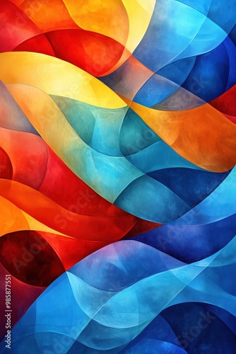 Onde astratte di colore, prevalentemente blu, rosso e giallo, stratificate in una sfumatura liscia. Ogni onda scorre naturalmente nella successiva, creando un senso di movimento e profondità. Lo sfond