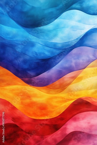 Onde astratte di colore, prevalentemente blu, rosso e giallo, stratificate in una sfumatura liscia. Ogni onda scorre naturalmente nella successiva, creando un senso di movimento e profondità. Lo sfond