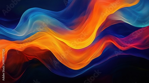 Una tela astratta di nastri fluenti di colore, principalmente blu, arancione e giallo, che formano curve morbide. Lo sfondo è scuro, creando contrasto con le tonalità vivaci