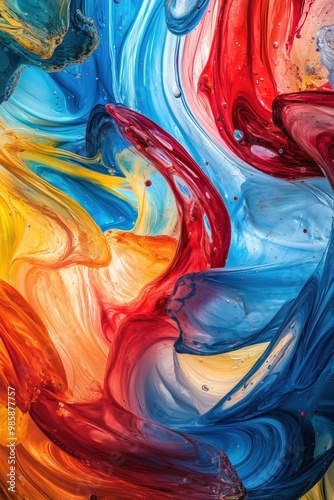 Strati di colori vorticosi, prevalentemente rosso, blu e giallo, che interagiscono come onde nell'oceano, creando un senso di movimento fluido. La trama è liscia con occasionali schizzi di colore vibr