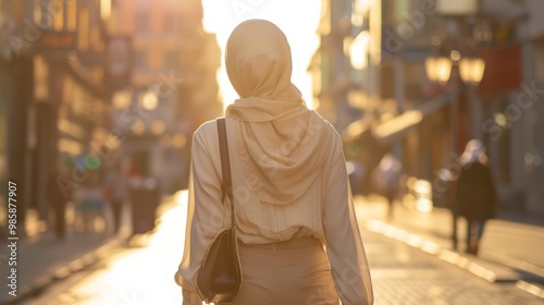 Woman in Hijab Walking Down a Street