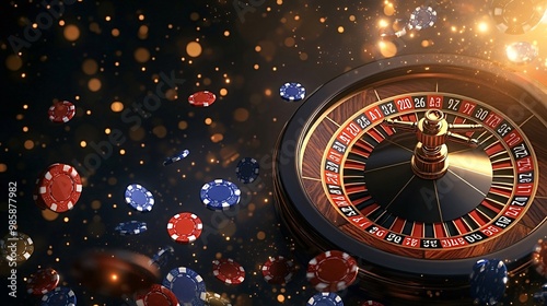 Roulette wheel is spinning, with red and blue casino chips flying through the air against a dark background with golden bokeh photo