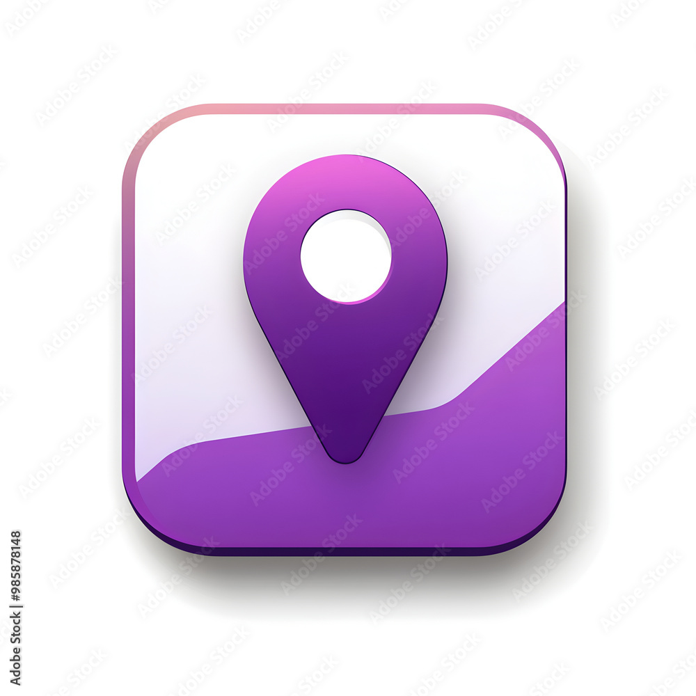 Purple Location Pin Icon with Glossy Design on a 3D Rounded Square, Perfect for GPS and Map Applications, Modern User Interface Purple Location Pin Icon with Glossy Design on a 3D Rounded Square, Perfect for GPS and Map Applications, Modern User Interface