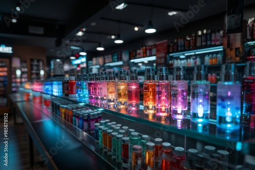 electronic cigarettes. shelves of a store selling electronic disposable cigarettes in neon light photo