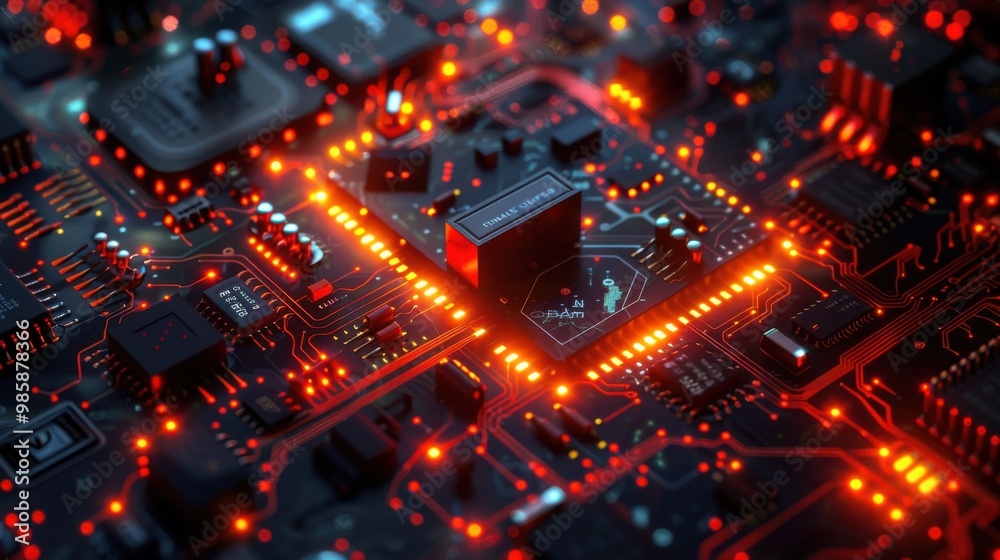 Glowing red electronic circuit board with components Glowing red electronic circuit board with components