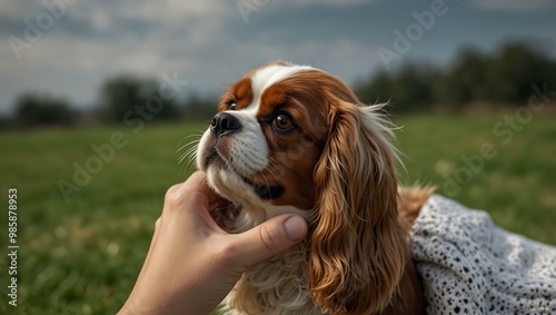 A King Charles Spaniel being petted by its owner.