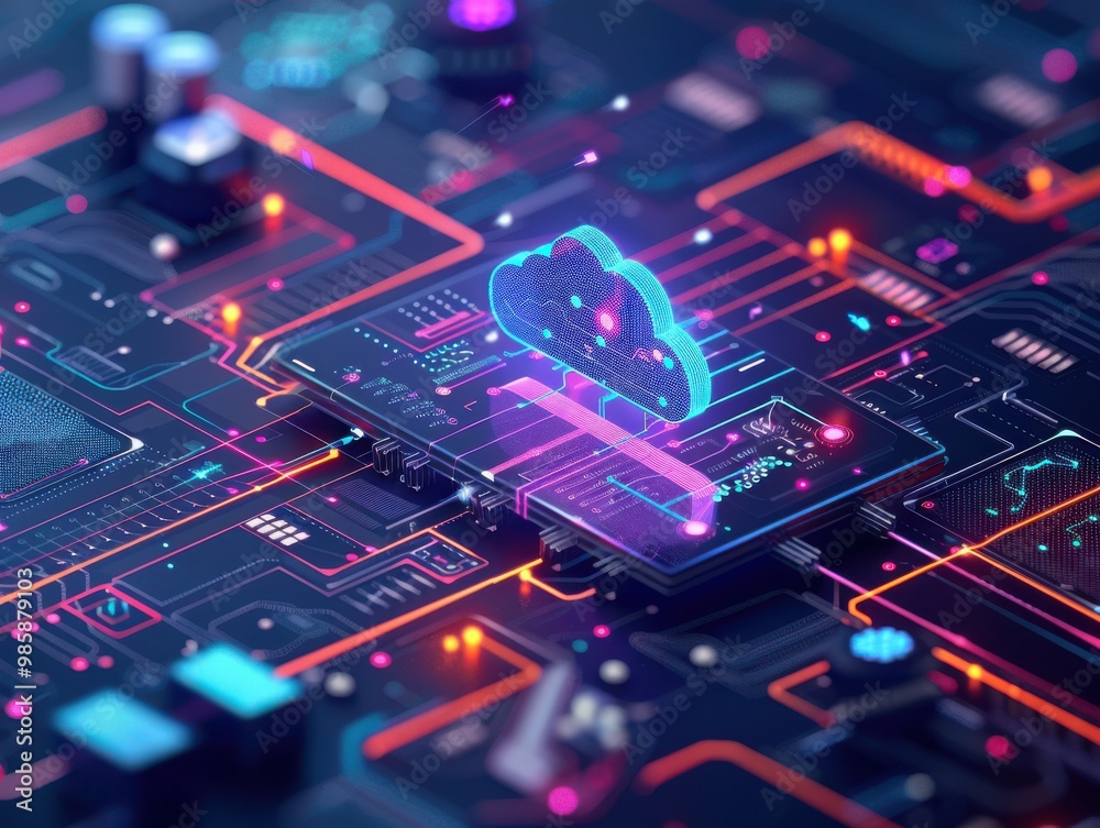 Holographic Cloud Icon on Circuit Board Holographic Cloud Icon on Circuit Board