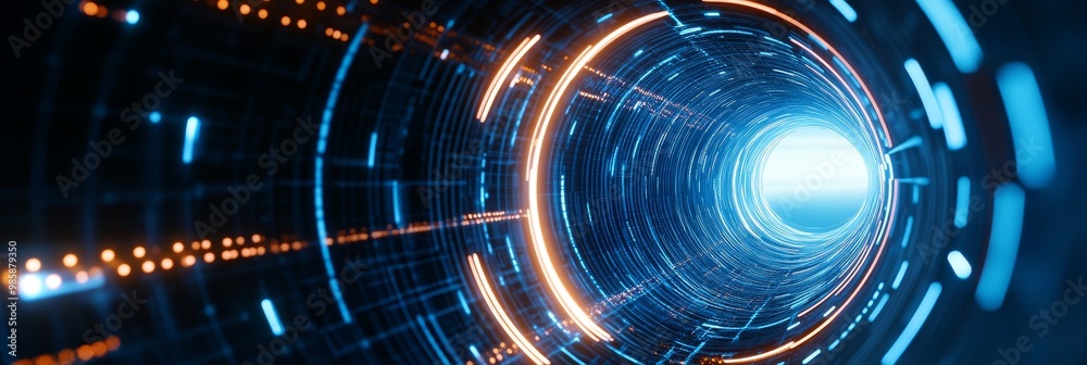 Fototapeta premium A futuristic and abstract digital tunnel with glowing lines and light. Representing technological advancement, the future, connectivity, progress and innovation.