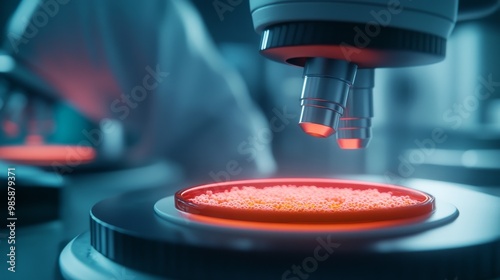 A futuristic biotech lab with a glowing petri dish being examined under a microscope, symbolizing scientific innovation, cutting-edge research, technological advancement, bioengineering, and genetic d photo