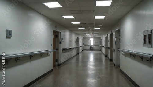 A sterile hospital corridor with bright white walls.