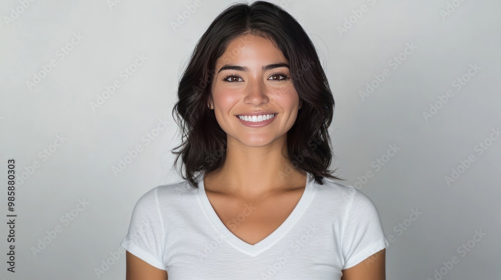 Joyful European-American A 28-year-old model is shot in a professional studio environment with a white backdrop, sporting a black hairstyle, dark brown eyes, and a white v-neck t-shirt. Joyful European-American A 28-year-old model is shot in a professional studio environment with a white backdrop, sporting a black hairstyle, dark brown eyes, and a white v-neck t-shirt.