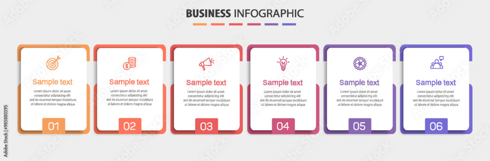 Business vector infographic design template with icons and 6 options or steps. Can be used for process diagram, presentations, workflow layout, banner, flow chart, info graph Business vector infographic design template with icons and 6 options or steps. Can be used for process diagram, presentations, workflow layout, banner, flow chart, info graph