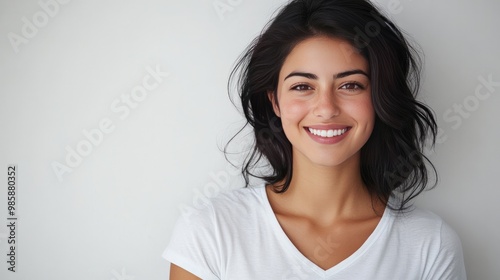 Joyful European-American A 28-year-old model is shot in a professional studio environment with a white backdrop, sporting a black hairstyle, dark brown eyes, and a white v-neck t-shirt.