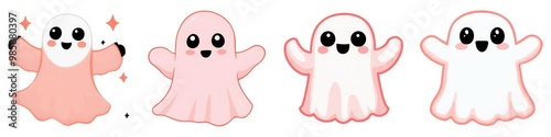 Watercolor Cute cartoon ghosts in various poses, perfect for Halloween themes and playful designs. Ideal for children's projects. Isolate on white background set