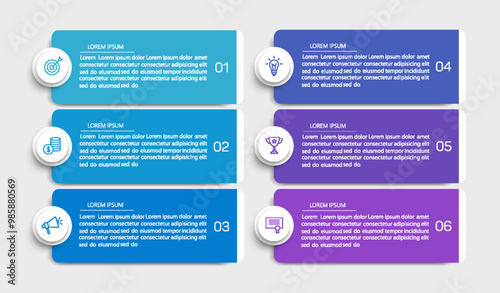 Business vector infographic design template with icons and 6 options or steps. Can be used for process diagram, presentations, workflow layout, banner, flow chart, info graph