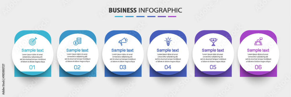 Obraz premium Business vector infographic design template with icons and 6 options or steps. Can be used for process diagram, presentations, workflow layout, banner, flow chart, info graph