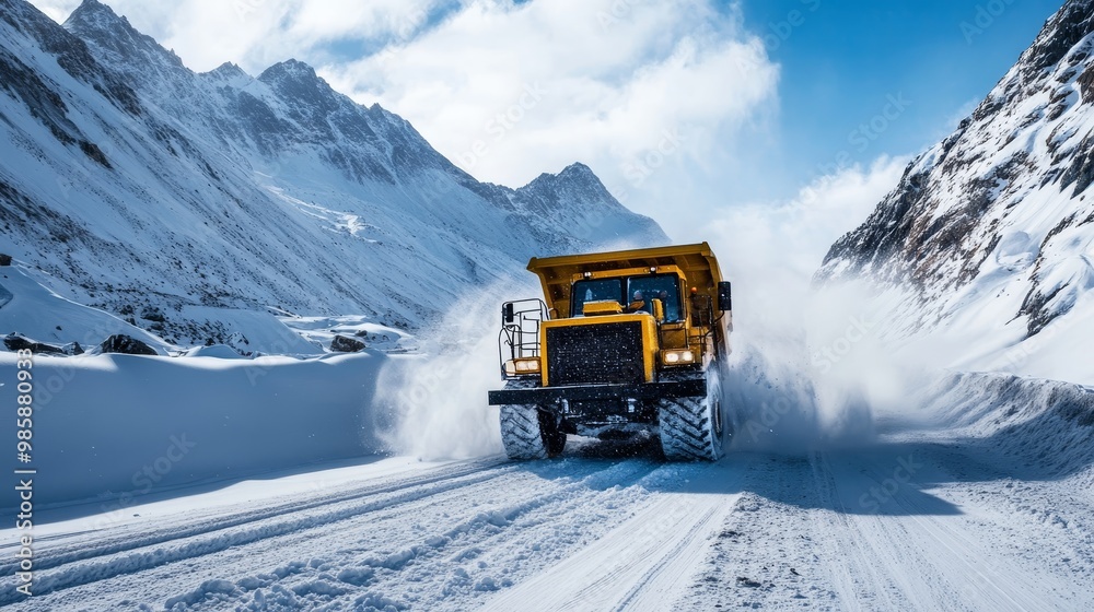 A large yellow mining truck drives through a snowy mountain pass, highlighting the challenges and scale of remote mining operations. A large yellow mining truck drives through a snowy mountain pass, highlighting the challenges and scale of remote mining operations.