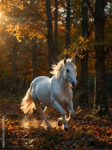 A white unicorn with a golden mane runs in an autumn forest, lit by soft glow.