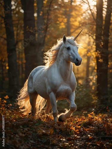 A white unicorn with a golden mane runs in an autumn forest, lit by soft glow.