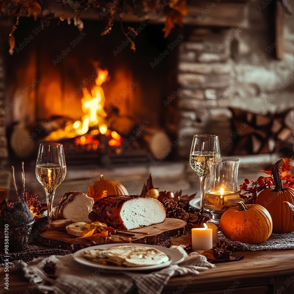 Naklejka premium Warm Thanksgiving Gathering by the Fireplace: Cozy Autumn Scene with Pumpkins and Feast for Seasonal Branding and Event Ads