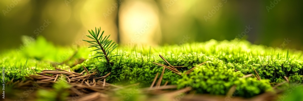 A macro shot capturing a vibrant patch of moss on the forest floor, with a tiny pine sprout reaching towards the sunlight, representing new life and growth in a serene natural setting. A macro shot capturing a vibrant patch of moss on the forest floor, with a tiny pine sprout reaching towards the sunlight, representing new life and growth in a serene natural setting.