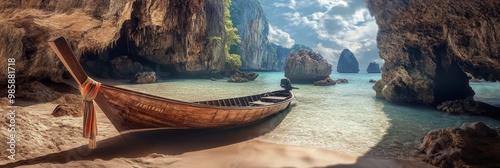 A longtail boat rests peacefully on a sandy beach, surrounded by towering limestone cliffs and turquoise waters, offering a glimpse of paradise. This tranquil scene evokes a sense of serenity, adventu photo