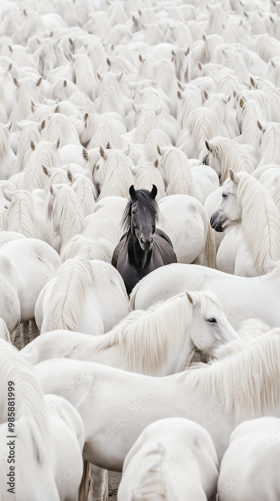 An eye-catching image featuring a single black horse standing out among a multitude of white horses, symbolizing individuality and uniqueness. An eye-catching image featuring a single black horse standing out among a multitude of white horses, symbolizing individuality and uniqueness.