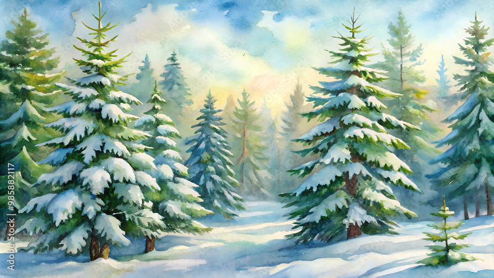 Serene Snow-Covered Pine Trees in Watercolor Style with Soft Green Hues Serene Snow-Covered Pine Trees in Watercolor Style with Soft Green Hues